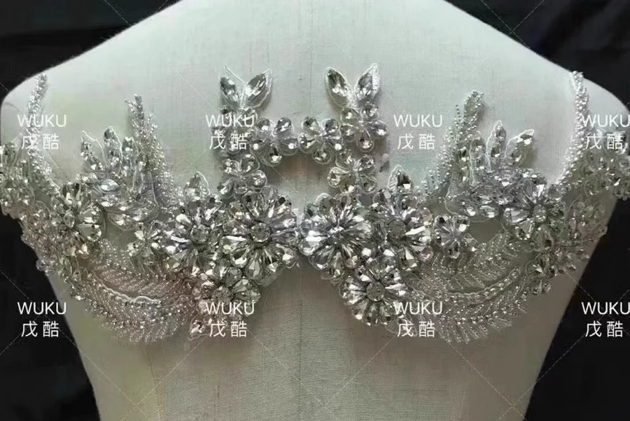 

Handmade beaded lace applique DIY wedding dress host dress decoration children's dress rhinestone patch.