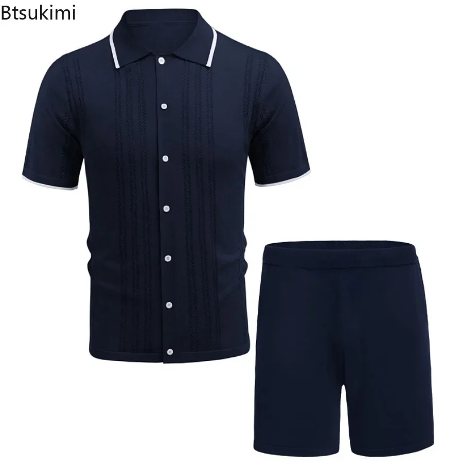 2024 New Men\'s Business Casual Two Piece Set Summer Cool Ice Silk Knitted Jacquard Polo Shirt Shorts Sets Men Golf Sport Outfits