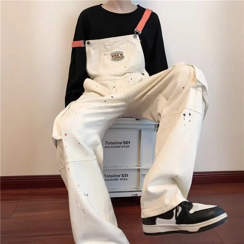 

Мужские свободные джинсовые комбинезоны в стиле ретро американской рабочей одежды, с завышенной талией, на шнуровке, без бренда, осенние, модные, с дизайном «брызги краски»