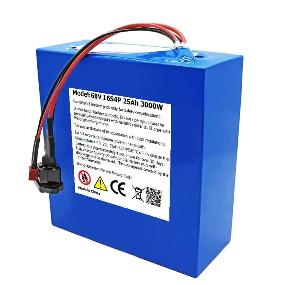 New60V 25Ah Electric Bike 21700 Battery for Scooter Motorcycle 67.2V 16S4P 3000W Rechargeable Battery with Same Port BMS+charger