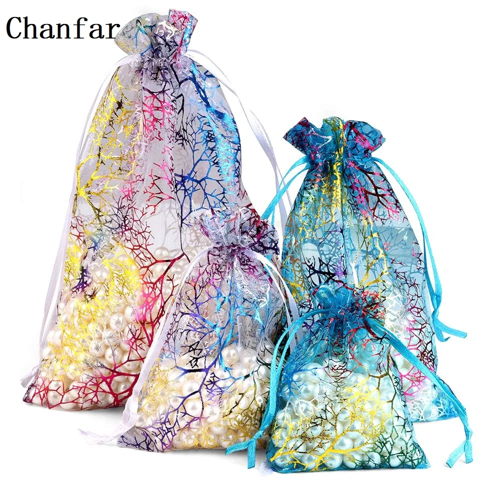 Chanfar 50pcs/lot Colored Trees Pattern Organza Gift Bags Wedding Organza Christmas Gift Bags Drawable Packaging Jewelry Bags