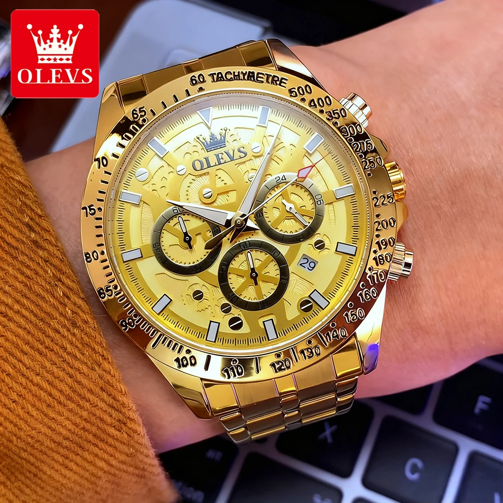OLEVS 럭셔리 남성 시계 트렌드 패션 골드 오리지널 쿼츠 손목시계 방수 발광 날짜 크로노그래프