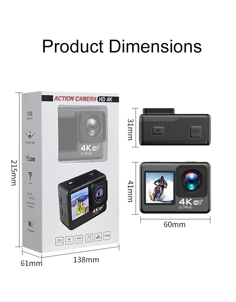 Mini 4K/30FPS Dual Screen Sports Action Camera Touchscreen Vlog Helmet IP68 Waterproof 1080P HD Video DVR Motion Diving Cam