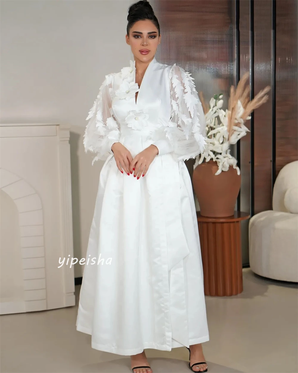 Prom Dress Saudi Arabia Evening Satin Flower Draped Ruched Graduation A-line V-Neck Bespoke Occasion Gown Midi Dresses