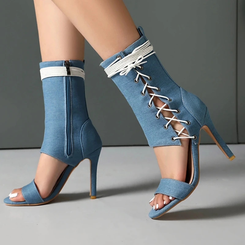 مثير حذاء من الجلد للنساء صيف 2025 أحذية الدانتيل متابعة الجوف اللمحة تو أسود أبيض عالية الكعب الجاز الرقص hoes الإناث حجم كبير 45