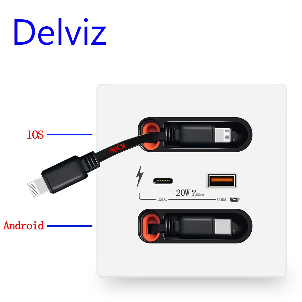 

Delviz USB Socket with charging cable Retractable, Universal 5V 3100MA USBA+USBC Port, 20W Fast charging Type-C Wall USB Socket