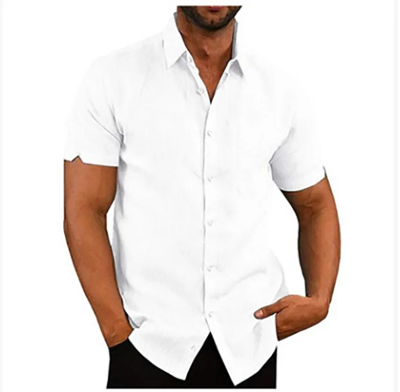 Summer Men\'s Short Sleeve Shirt Fashion Solid Color Linen Cotton Breathable Leisure Lapel Button T-shirt Business Casual Shirt