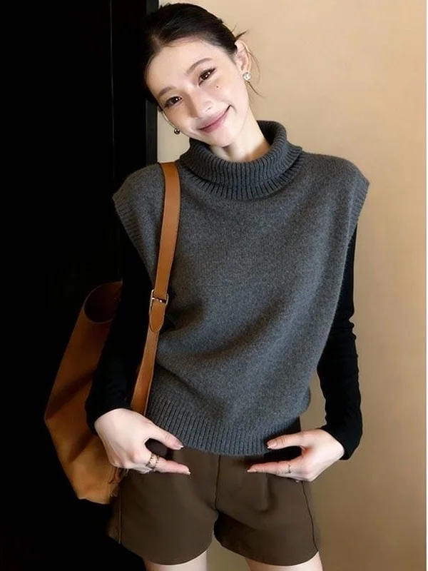 

ay High Collar Svel Knitted Vest Women's Autumn Winter Slimming Sweater Vest Top Casual Sle plus Size Inner Wear