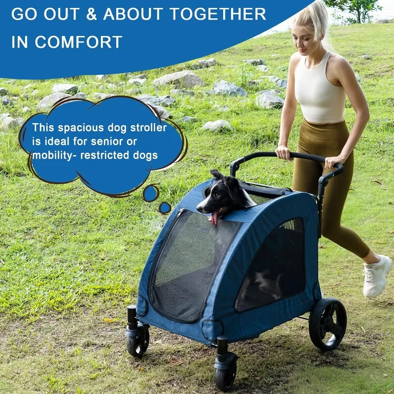 4 Wheel Foldable Pet Stroller for Dog, Breathable with Adjustable Handle Medium or Large Dog and Cat, Light Easy Fold EVA Brake