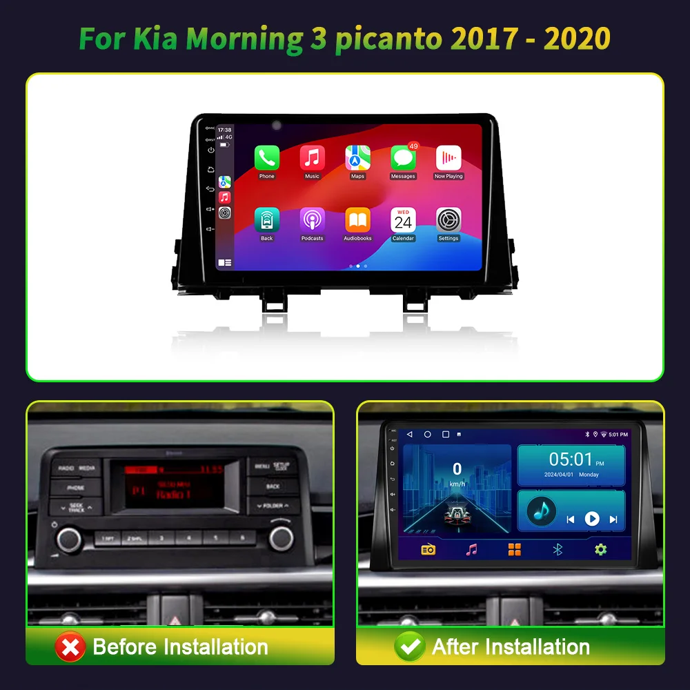 Dla Kia Morning 3 picanto 2017-2020 Android 13 Samochód 4G WIFI Nawigacja GPS Radio Multimedia 4G 2 Din Bezprzewodowy ekran Carplay