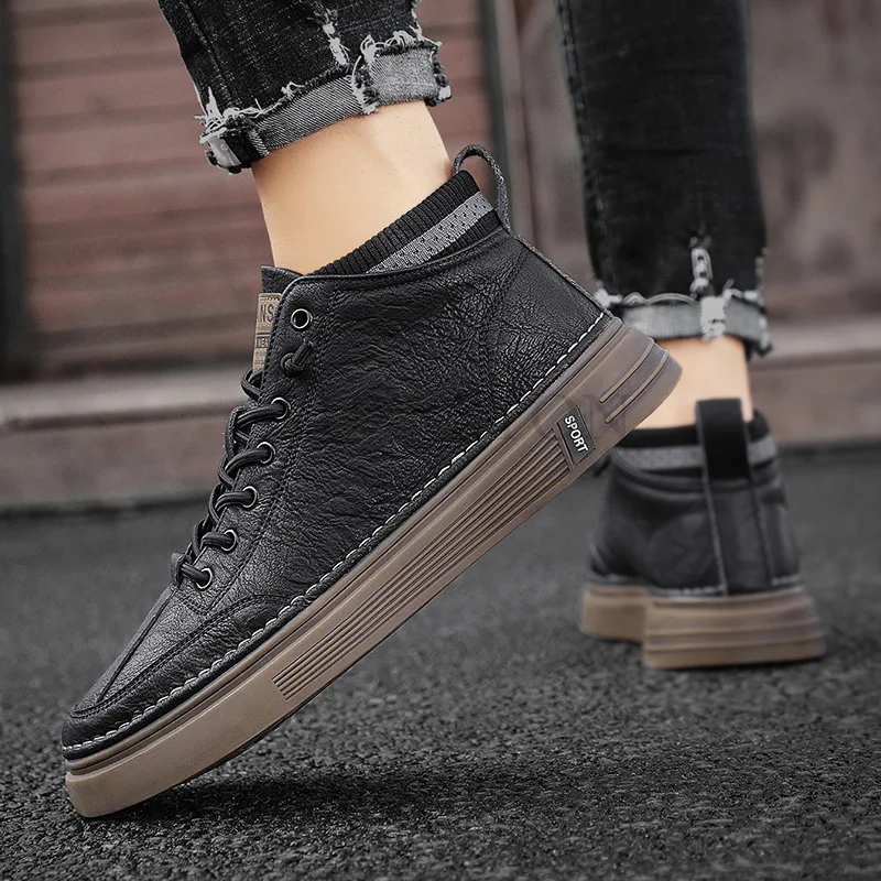 Men\'s Casual Leather Shoes New Shoes for Men High-top Black Casual Male Sneakers Platform Ankle Boots Tênis Masculino