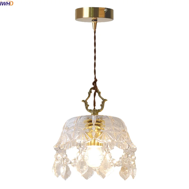 

IWHD Copper Crystal Glass LED Pendant Lamp Bedroom Living Dining Room Cafe French Vintage Pendant Light Decoration Luminaria