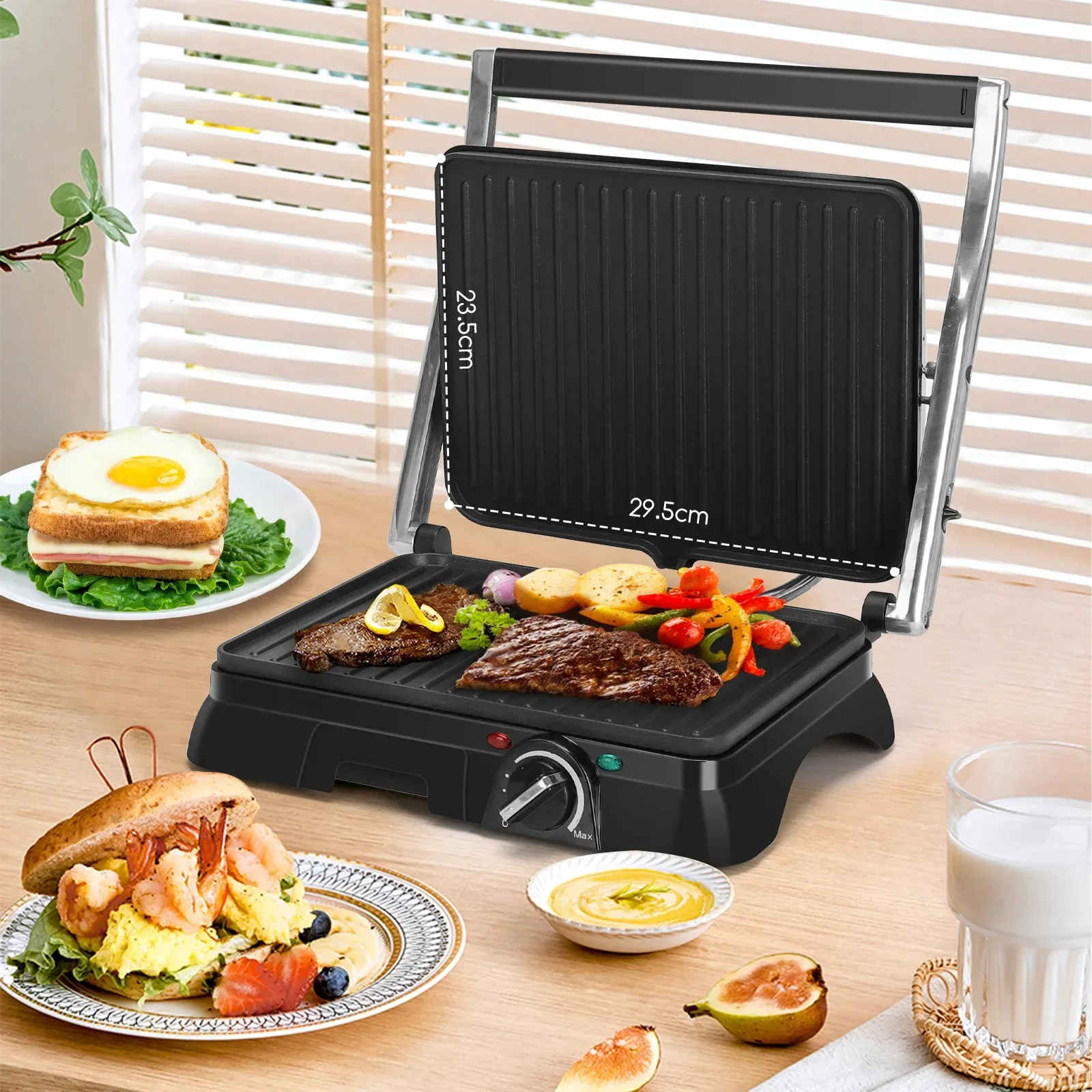 Sandwicheras and Panini Grill Grill (temperature regulator, oil pick tray, 180 ° opening, non-stick plates, 2000 W)