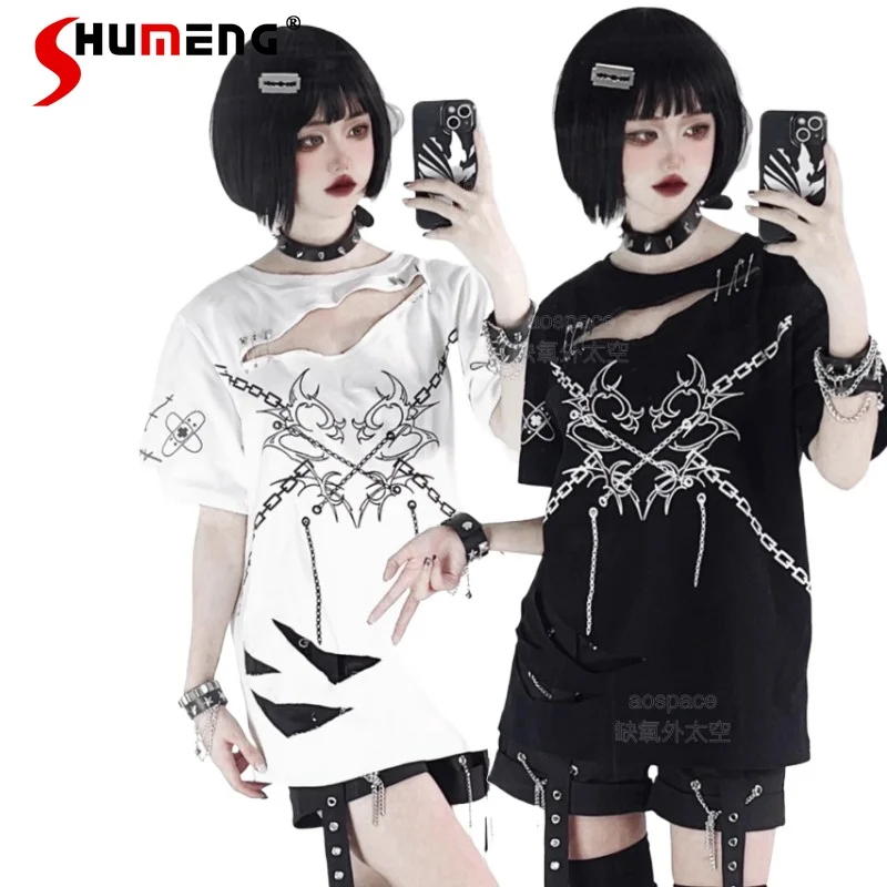 Japanese Rojita Original Subculture Mine Series Punk Print Dark Hole Short Sleeves White Black T-shirts Vintage Clothes Female