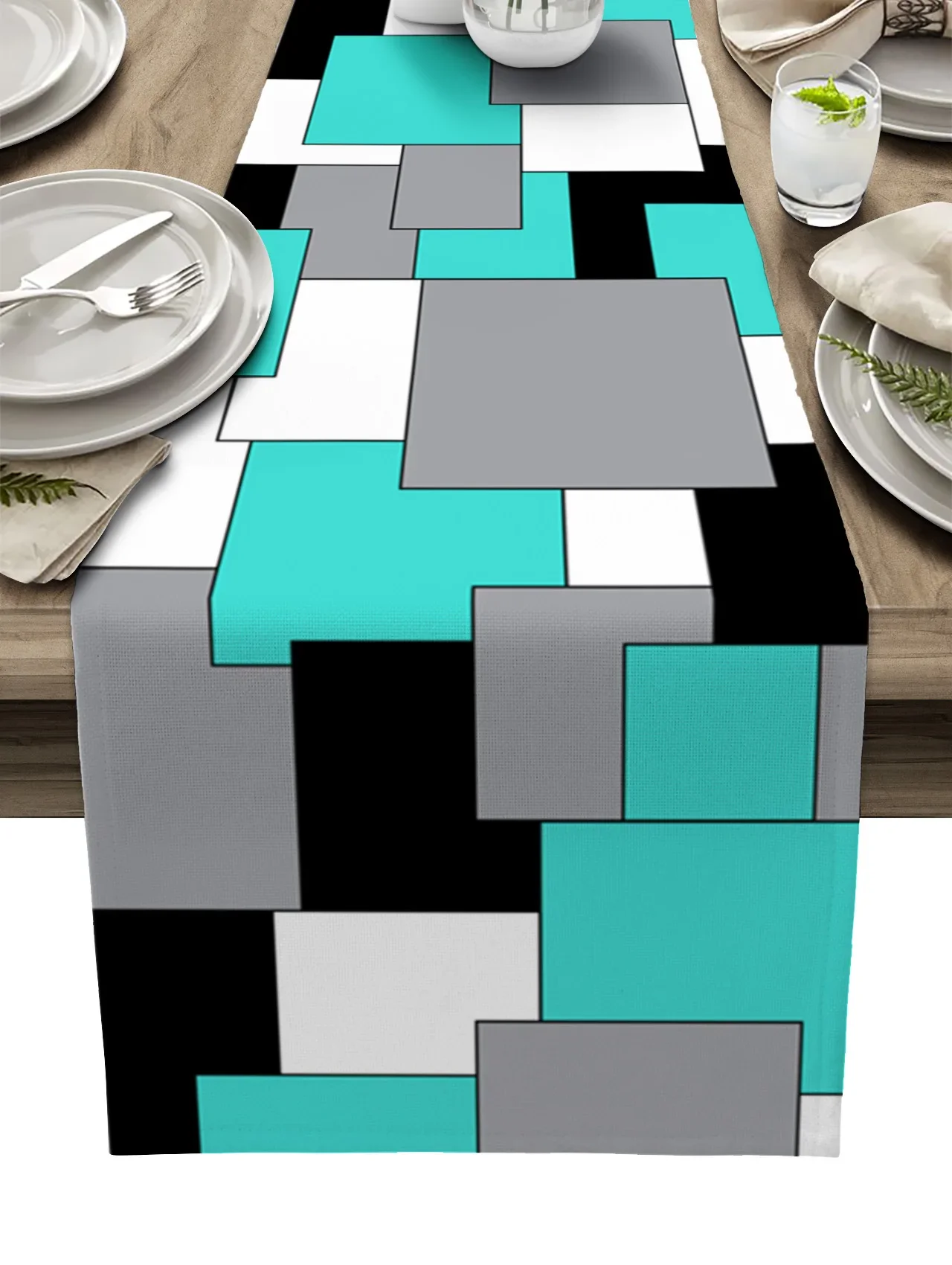 Elegant Irregular Abstract Squares Linen Table Runner for Dining  Party Decoration