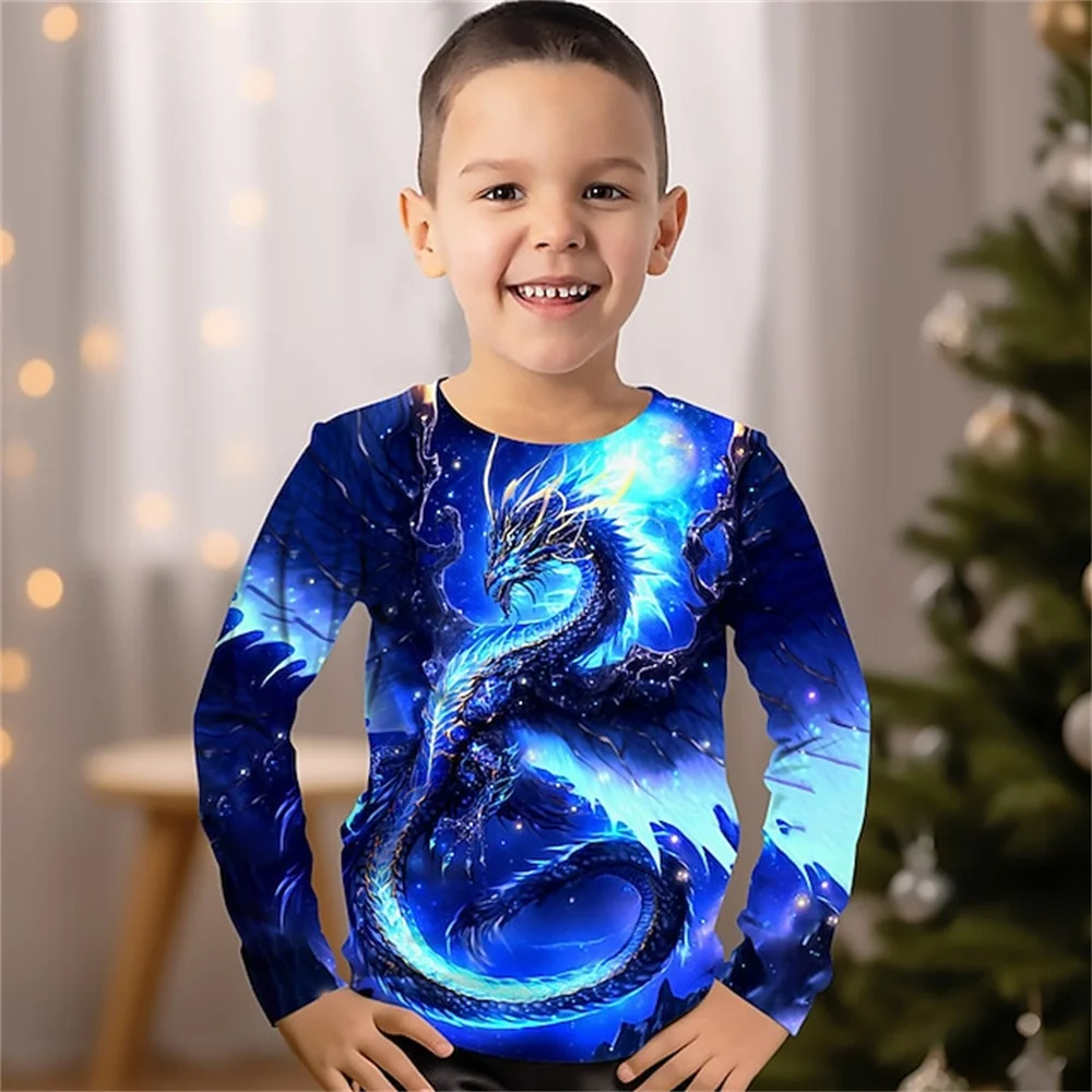 Camiseta de manga comprida com estampa 3D do Dragão Chinês infantil, roupas de menino, azul, adolescentes de 4 a 12 anos