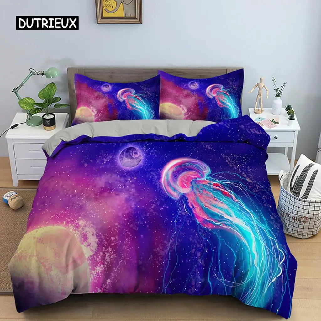 

Jellyfish Duvet Cover Set Queen Size Ocean Animal Print Bedding Set Microfiber The Underwater World Quilt Cover for Boys Girls