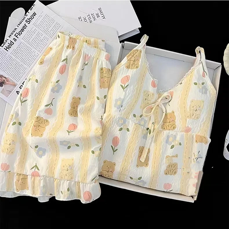 Women's Pajamas Set Sleepwear 2 PCS Short Tank Tops And Shorts S M L XL 2XL White Ventilate Soft Casual Kawaii Printing Pad