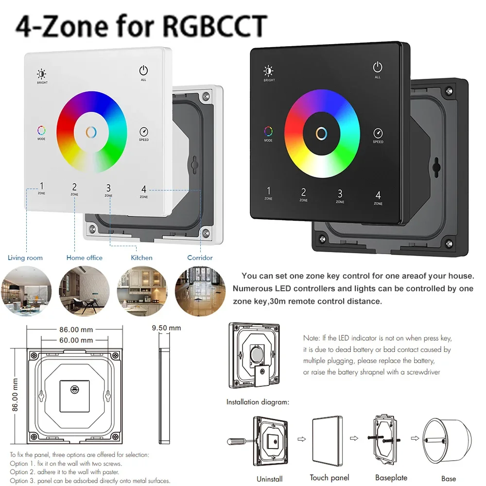 DC12-24V Tuya Wifi RGBCCT LED Controller WT5 5in1 LED Dimmer 2.4G RF 4-Zone Wall Touch Panel Switch Remote Smart Life for Alexa