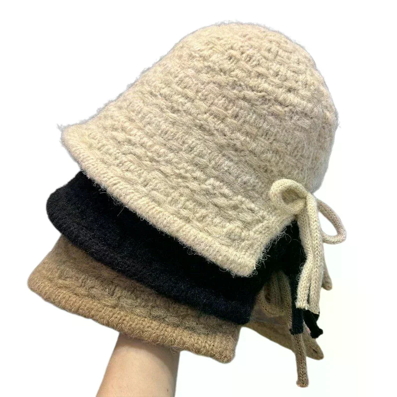 2026 neue Wolle Gestrickte Mode Hut Für Frauen Einfarbig Winter Eimer Hut Für Winter Wärme Mit Bogen Woolen Becken Hut