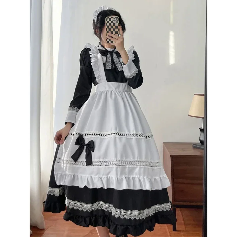 Vestido de lolita de talla grande para niña, uniforme de sirvienta escolar de anime, Goth Lolita, negro, blanco, vestido medieval, delantal de manga larga, trajes