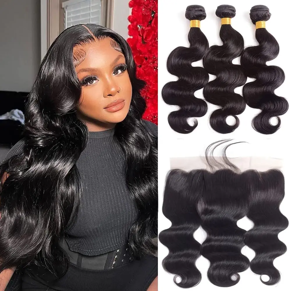 

Body Wave Bundles with Free Part Closure Brazilian Human Hair Bundles with 13x4 Transparent Swiss Lace Frontal Natural Color