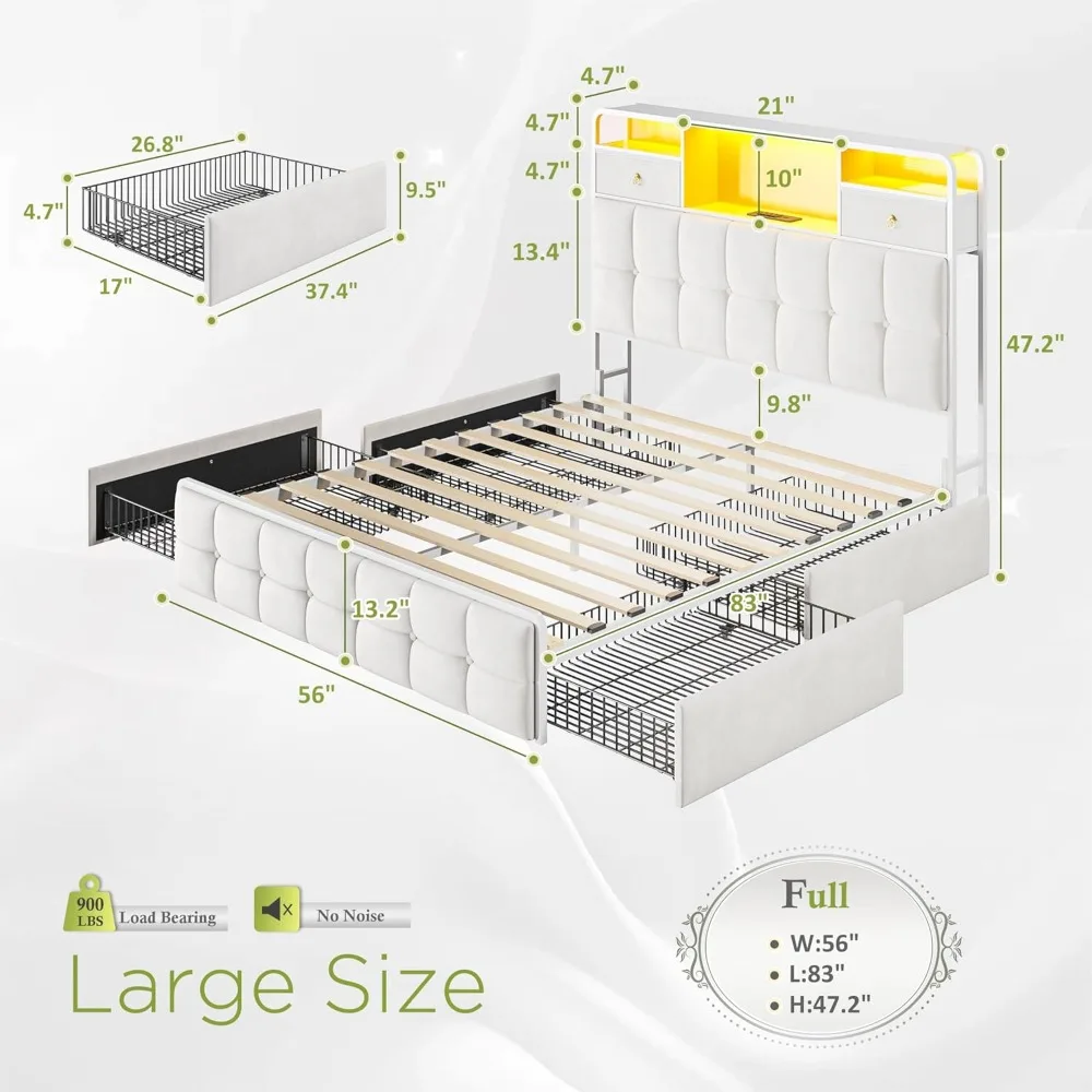 Full Bed Frame with 4 Storage Drawers & Upholstered Headboard, Bed Frame Full Size Built in Charging Station&LED Lights, Beige