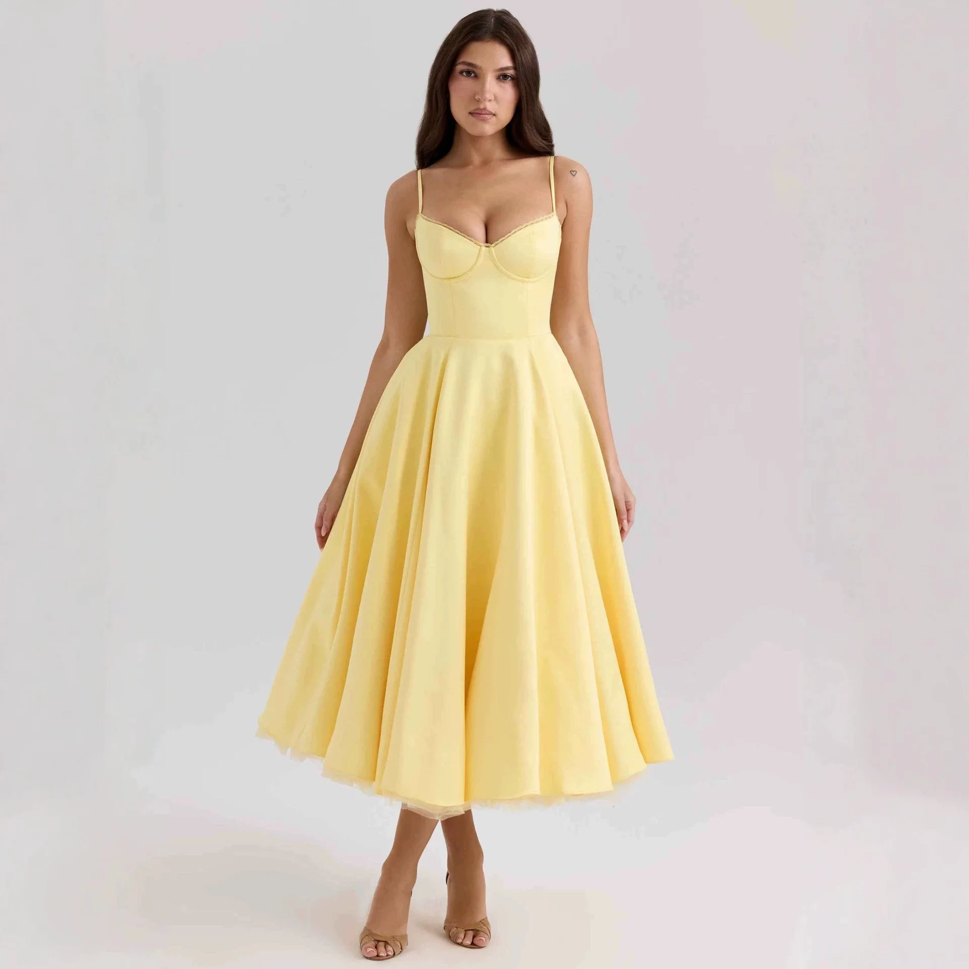 Sexy Slim Lace Halter Dress Double Layer Sweet High Waist Polyester Long Sleeveless Gown for Summer Autumn Women's Dress