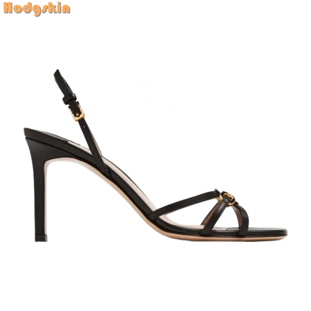 Metal Decor Stiletto Sandals Black Square Toe Buckle Straps Thin Heeled Sexy Fashion Chain Dress Shoes 2025 Women New Spring
