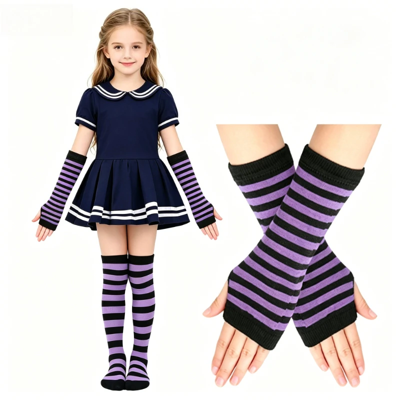 2-Piece Set of Kids Striped Knit Gloves and Socks,Children's Dance Performance Arm Warmers and Socks Combo, Banquet Outfit