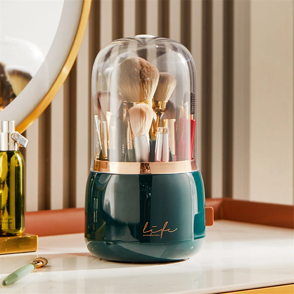 ABGU Multifuncional 360 °   Soporte giratorio para brochas de maquillaje, organizador cosmético de escritorio portátil para artista de maquillaje, verde oscuro