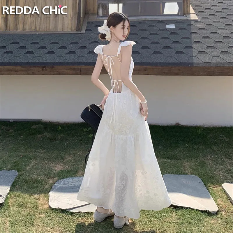 

ReddaChic на шнуровке с открытой спиной, женское цельное белое текстурированное кружевное длинное платье макси с открытой спиной и рукавами-крылышками, праздничная пляжная одежда
