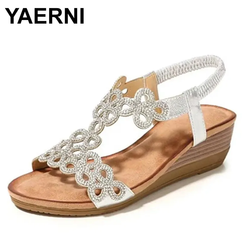 

2025 Gold Sandals Ladies Sandals Wedge Hollow Crystal Rhinestone Sandals Silver Bohemia