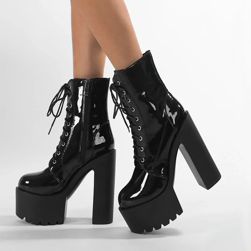 

Eilyken/женские ботильоны из лакированной кожи на платформе в стиле панк с Т-образной завязкой, осенне-зимняя обувь на высоком квадратном каблуке с круглым носком