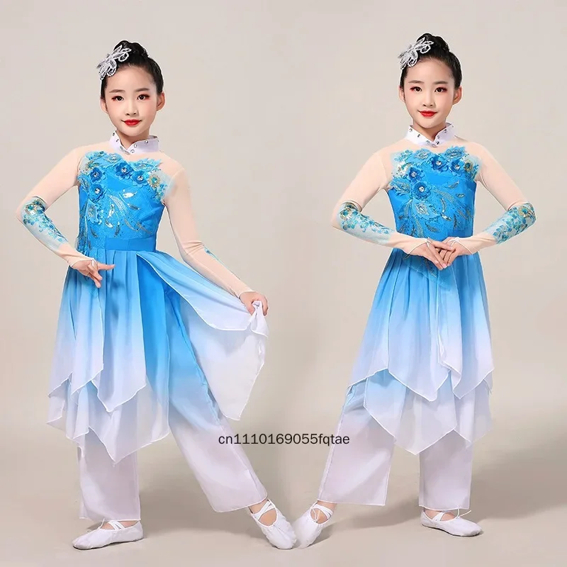 女の子用中国古典舞踊衣装-ジャスミン民族ヤンコ舞踊衣装-エレガントな扇子舞踊衣装-ステージパフォーマンス衣装