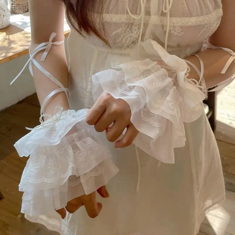 

Gothic Lace Arm Sleeves With Adjustable Ribbon Ties For Costume Event