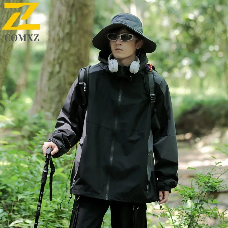 

EiAO Windbreaker Colorblock Hooded Men Women Yama Style Waterproof Windproof Multi-Pocket Coat for Camping Fishing Hiking 2025