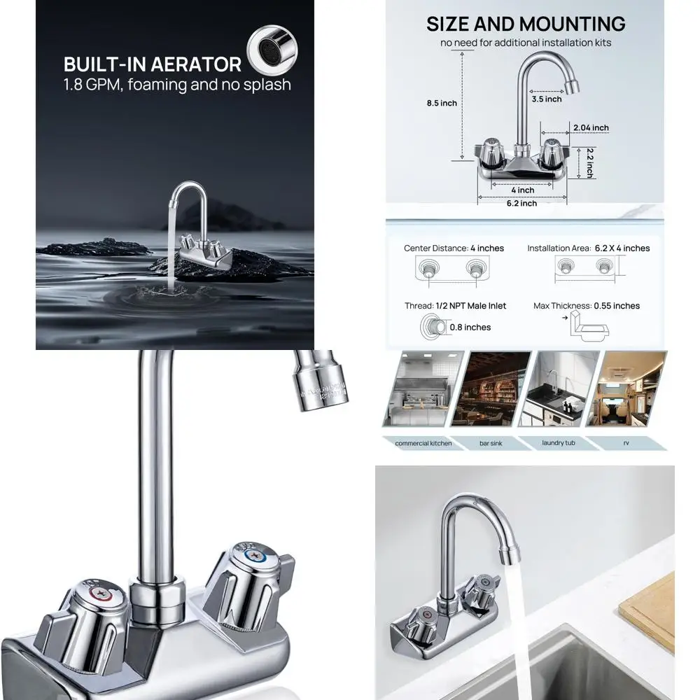 

3-Hole Wall-Mounted Gooseneck Faucet for Industrial 3-Compartment Sinks, Brass, Suitable for Commercial Kitchens and Laundries