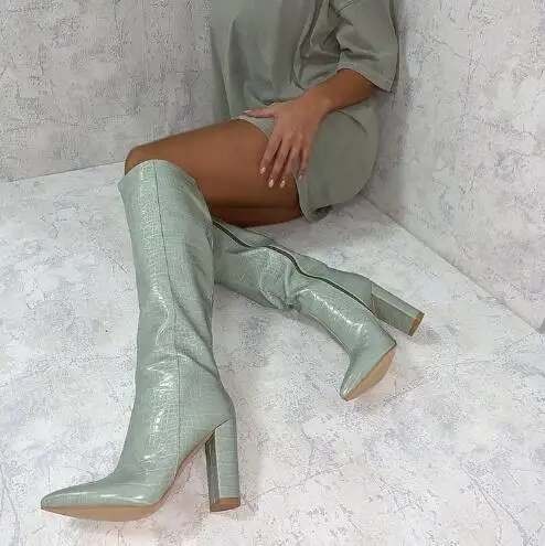 Winter Women Mint Green Stone Pattern Leather Pointed Toe Zipper Side Square Heels Knee High Boots Slim Long Botas Shoes Lady