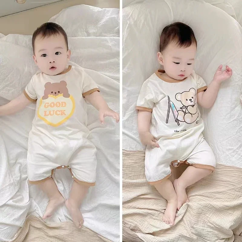 Pakaian beruang bayi Musim Panas 2024 pakaian anak-anak lengan pendek katun Jumpsuit setelan mendaki baju monyet bayi laki-laki 6 bulan