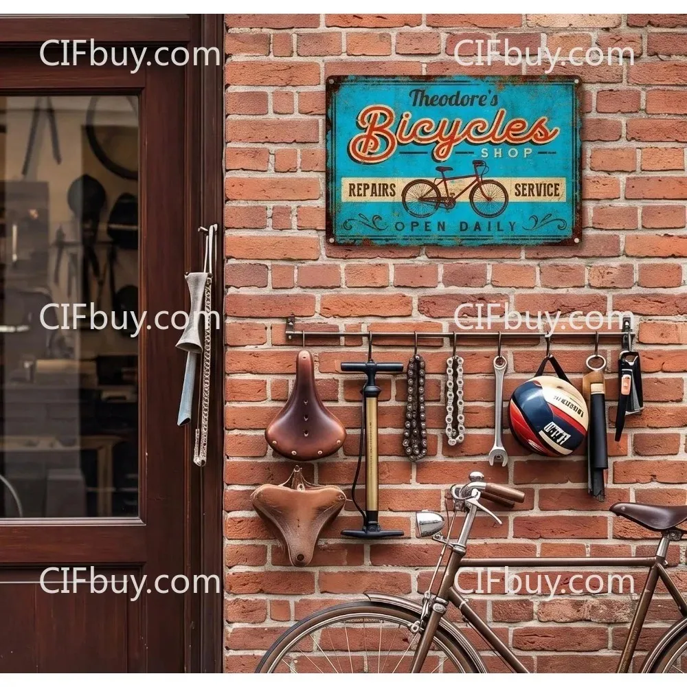 CIFbuy 2D Flat Custom Bicycle Shop Metal Sign, Personalized Name Plaque, Garage Workshop Decor