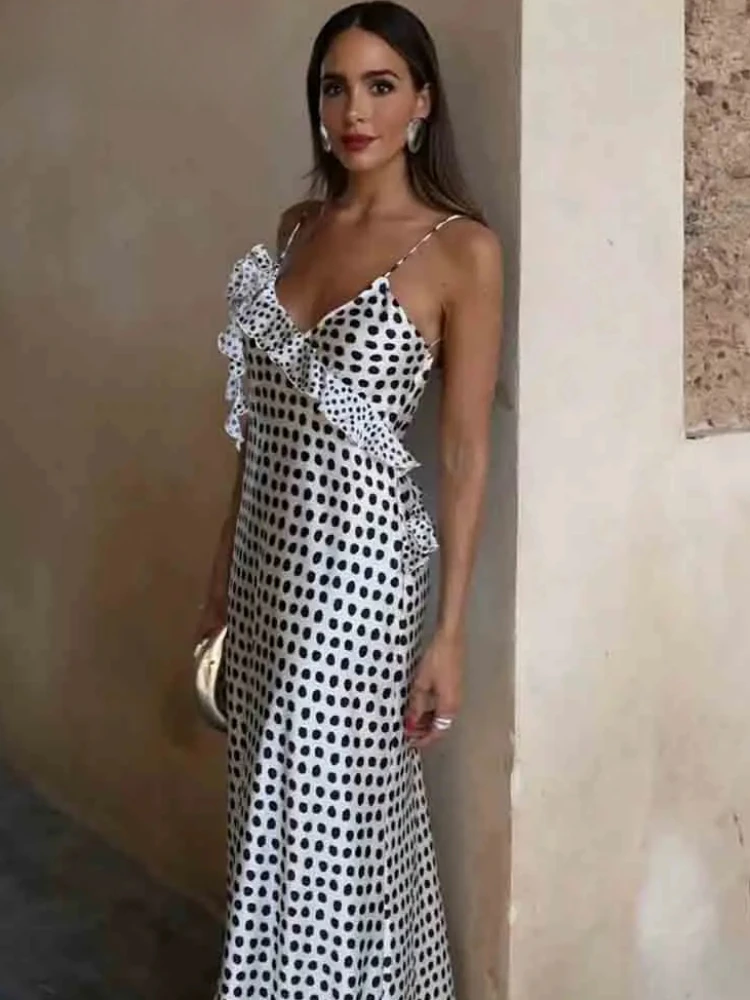 ZBZA Women\'s Wave Point Printed Dress Thin Strap Open Back Sleeveless High Waisted A-line Party Skirt Summer Female Chic Dress