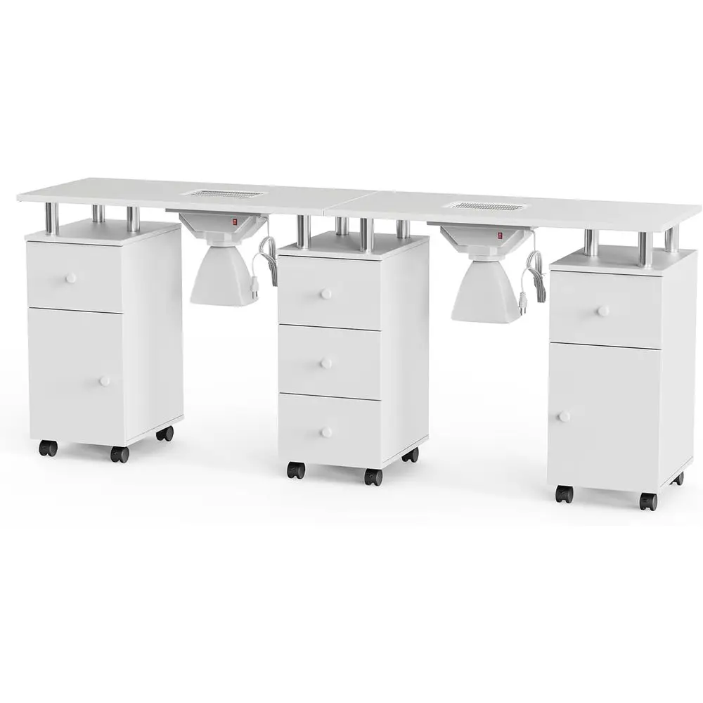 

Dual Manicure Station with Dust Collector, Nail Technician Desk on Wheels, Storage Cabinet, Acrylic Resistant White Beauty Spa T