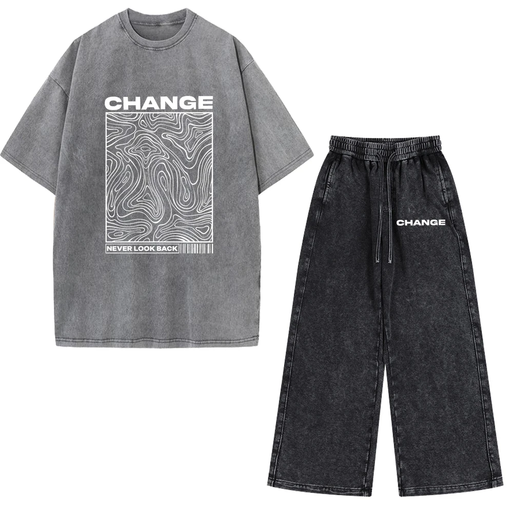 Vintage Washed Herren Zweiteiler Set Never Look Back Topographischer Druck Übergroßes Kurzarm-T-Shirt Kordelzug Weite Hose Casual – Detail 4