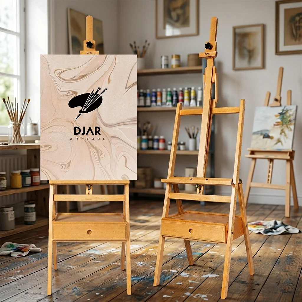 DJAR Solid Beech Wood H-Frame Art Easel with Storage Drawer, Adjustable Floor Painting Stand & Canvas Holder for Studio Artists, Natural