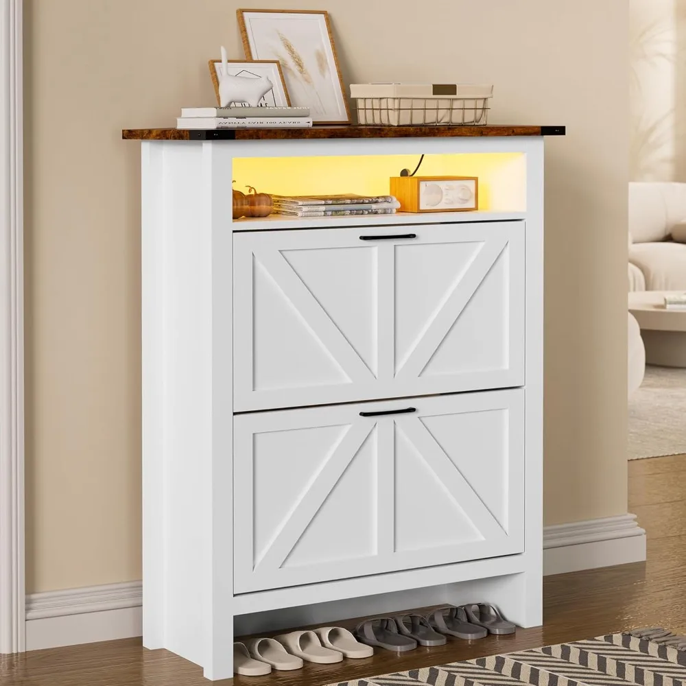 

Shoe Cabinet with 2 Flip Drawers & Open Storage Space, Entryway Shoe Storage Cabinet with LED Light, Hidden Shoe Organizer fo
