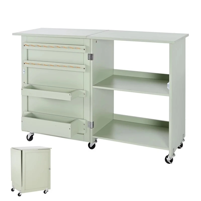 Folding sewing machine table with wheels, pegs, storage trays and shelves