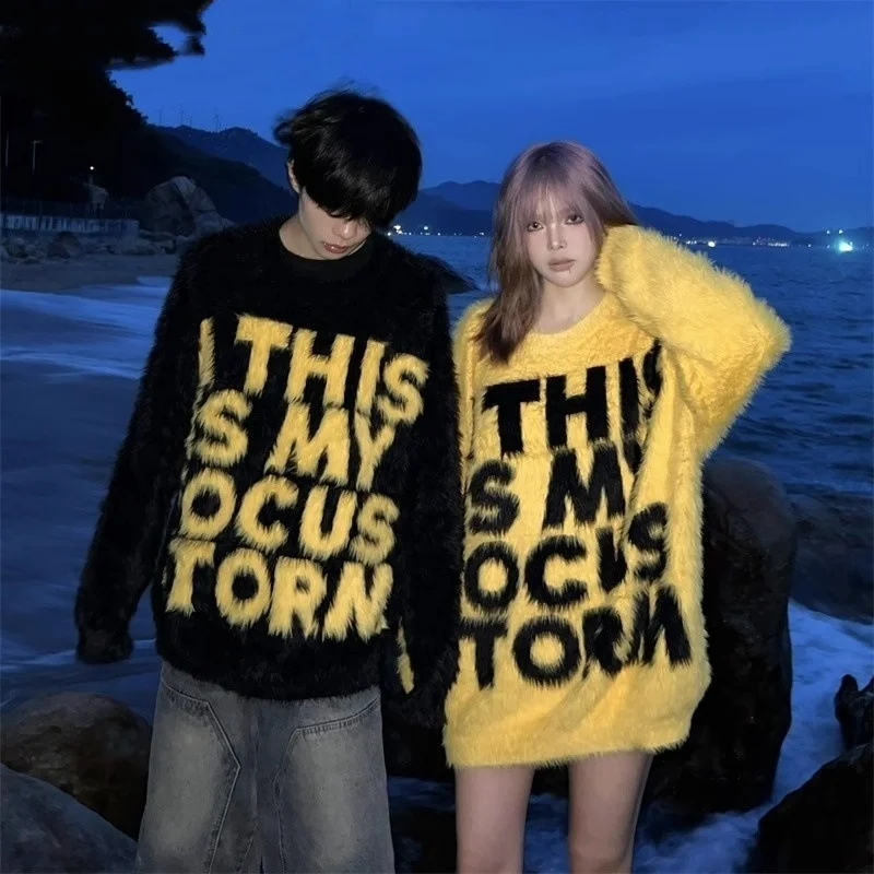 سترة للزوجين على الطراز الأمريكي، ملابس خارجية شتوية محبوكة فضفاضة غير رسمية للرجال والنساء برقبة دائرية وأكمام طويلة