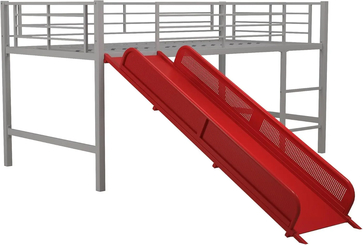 Junior Twin Metal Loft Bed with Slide Multifunctional Design Silver with Red Slide Made of Solid Metal Frame