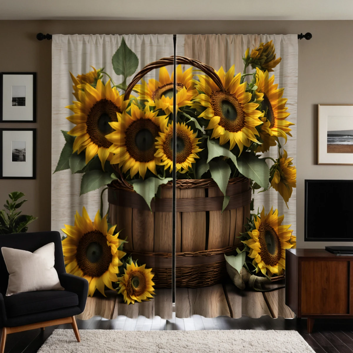 Cesta HD con flores de girasol, cortina decorativa amarilla con estampado digital, decoración del hogar, estilo, 2 piezas